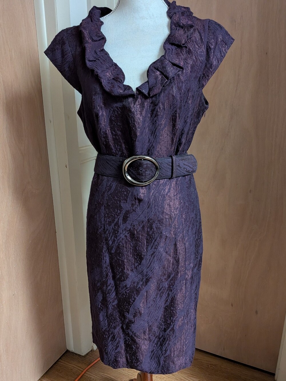 Antonio Melani Plum Purple Ruffle Belted Sheath Dress Size 12